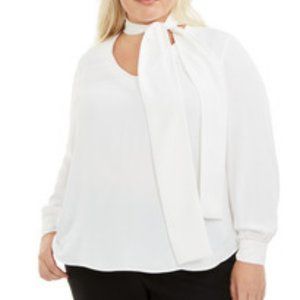 Bar III White Blouse Plus size 1X Tie Neck NWT